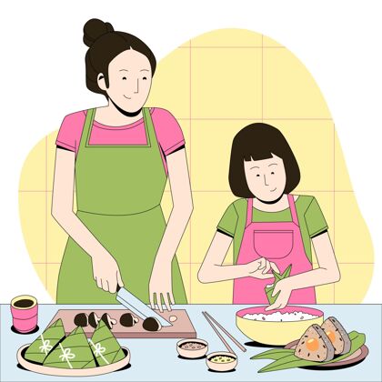 有机有机扁舟一家准备吃粽子插画平面设计中国端午