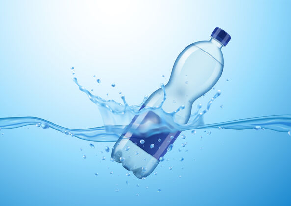 塑料真实的矿泉水成分与漂流塑料水瓶与水滴和飞溅瓶子滴飞溅