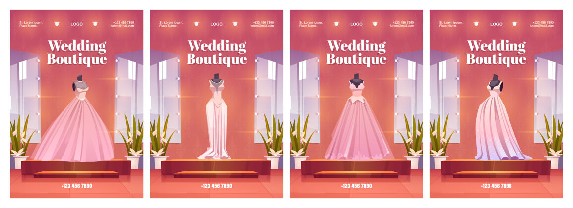 时尚婚礼精品海报与豪华新娘礼服和配件人体模特沙龙镜子