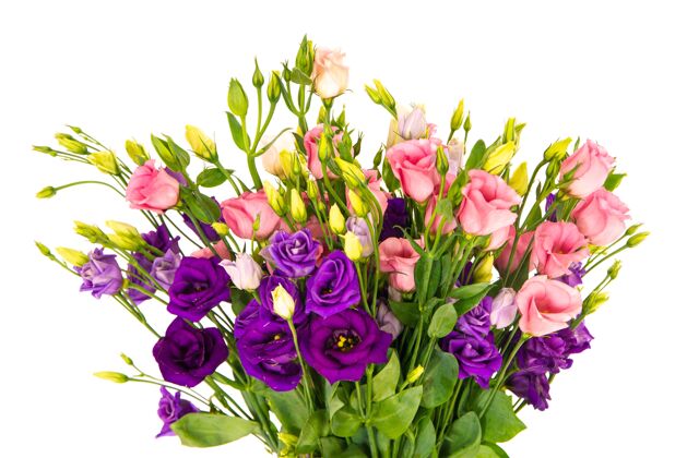 玫瑰色特写镜头的花瓶充满了美丽的粉红玫瑰和紫色的花与白色的背景花束花瓶自然
