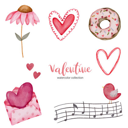 浪漫情人节套装元素信封 向日葵 甜甜圈 礼品等情人节设置水彩