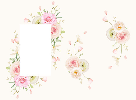 画框美丽的花卉框架与水彩玫瑰和毛茛绿色乡村花卉