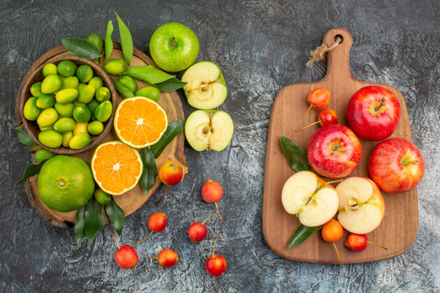 饮食从远处俯瞰水果柑橘水果樱桃红苹果板上健康可食用水果板
