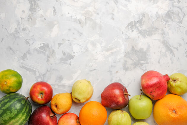 食物顶视图新鲜水果组成的白色背景很多苹果健康
