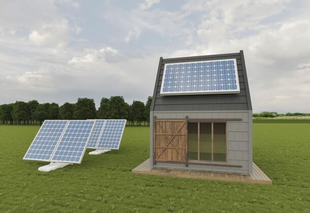 太阳能电池板带太阳能面板的3d房子可再生能源环保3d
