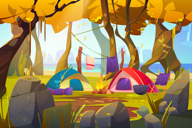 卡通在秋天的森林里用篝火和旅游用品搭帐篷旅游椅子绿色