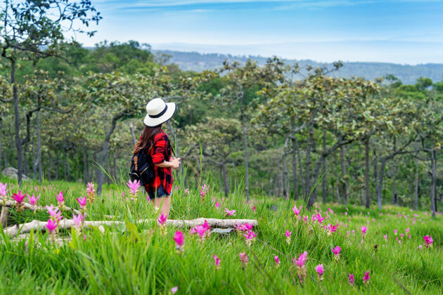野外背着背包的女游客在泰国克拉丘花坛尽情享受旅游理念山峰徒步旅行放松