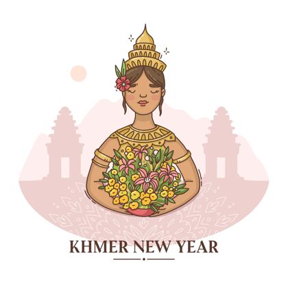 柬埔寨手绘高棉新年插画节日庆祝传统