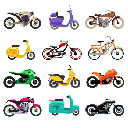 乘坐摩托车 踏板车和轻便摩托车模型在平面风格引擎车辆侧线
