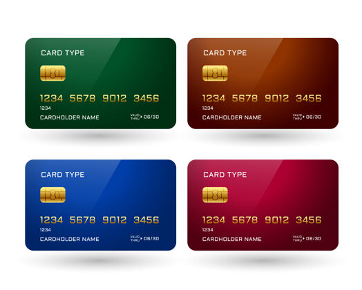 货币四张不同颜色的信用卡空白信贷金融