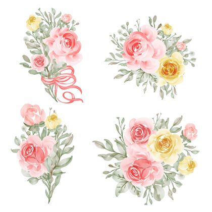 插花婚礼上的插花和黄桃花束花玫瑰叶