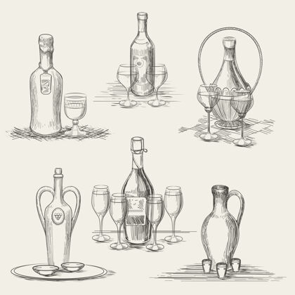 垃圾手绘的酒瓶和酒杯绘画酒庄餐厅