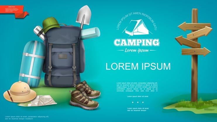 睡眠现实的夏季露营模板与背包睡袋巴拿马帽运动鞋地图铲保温木牌插图设备自然野餐