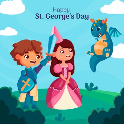 场合卡通圣乔治日插图与骑士和公主节日骑士龙