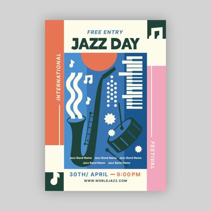 准备印刷平面国际爵士日海报模板爵士乐音乐会文化音乐
