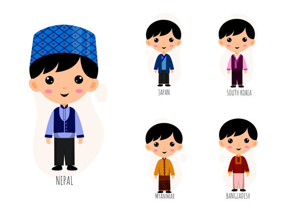 不同集人们在传统亚洲服饰中的卡通人物 男性民族服饰的集合理念 孤立的平面插画服装孩子传统