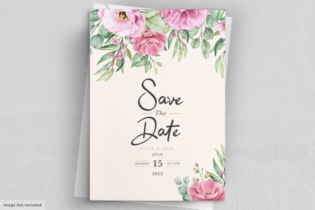 庆祝鲜花婚礼请柬模板集粉红玫瑰鲜花和树叶保存日期图形素描