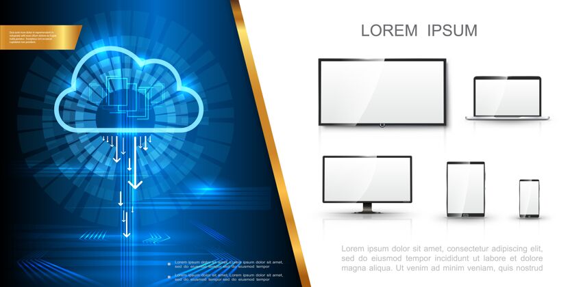 现实现实的现代技术概念 数字云存储电视屏幕笔记本电脑显示器手机和平板电脑显示器存储现代