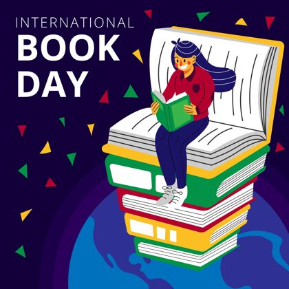 知识有机平面世界图书日插图与妇女阅读的书堆上有机插图国际