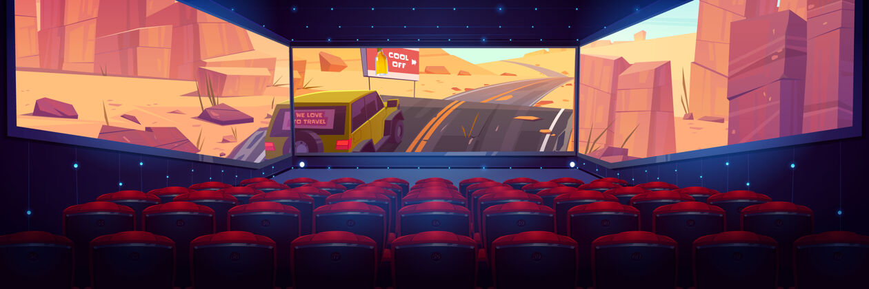 3d有三面全景屏幕和一排排红色座位的电影院舞台沙漠大厅