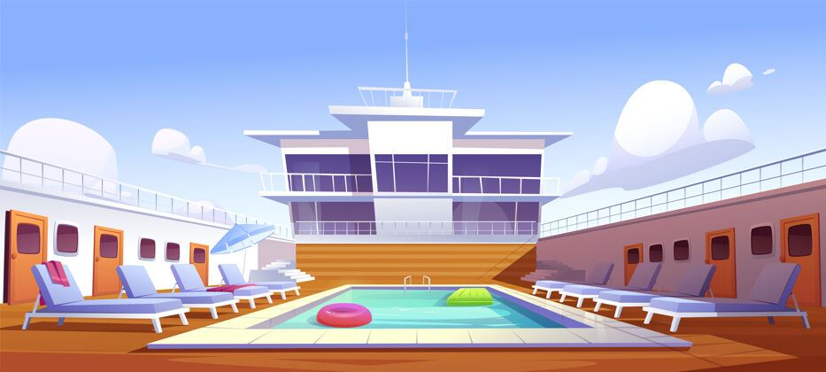 甲板游轮上的游泳池 空荡荡的甲板上有遮阳板 木质地板和门孔放松内部渡轮