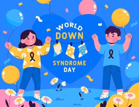 五彩纸屑手绘世界唐氏综合症日儿童和气球插图全球疾病意识