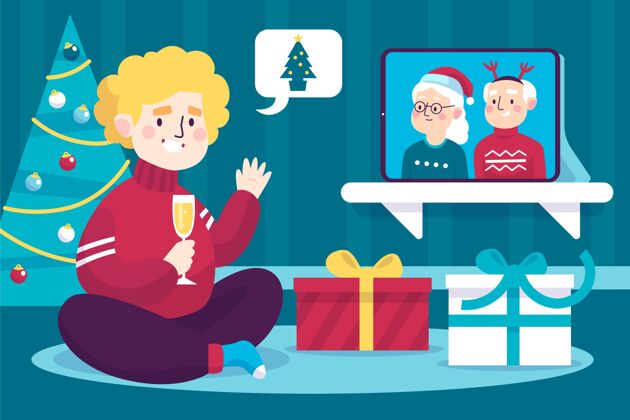 男性圣诞家庭视频电话插画互联网家庭父母