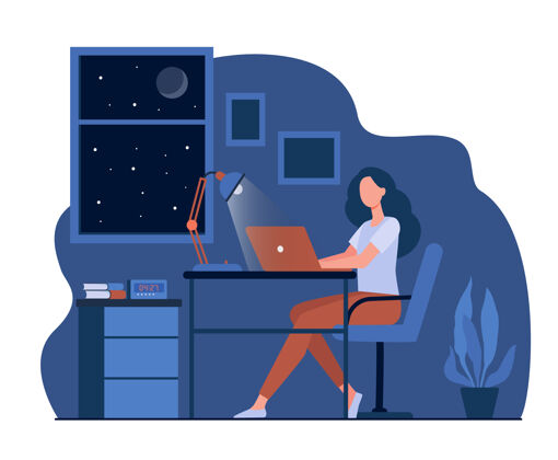 时间女设计师在房间里工作到很晚平面插图卡通学生在晚上使用笔记本电脑 坐在办公桌上截止日期工作监视器