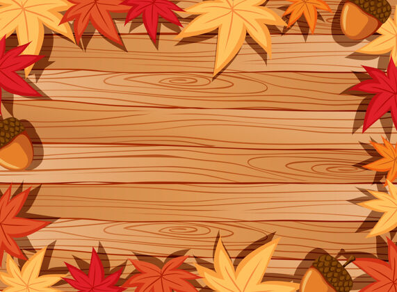 顶视图顶视图的空白木桌与树叶在秋季季节的元素季节环境秋天