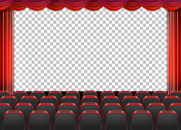 空白剧院里的红色窗帘 背景是透明的红色艺术电影