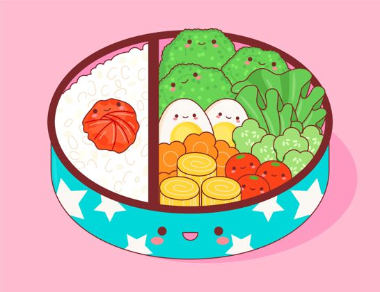 传统Kawaiiumeboshi便当插画长方形美食插图