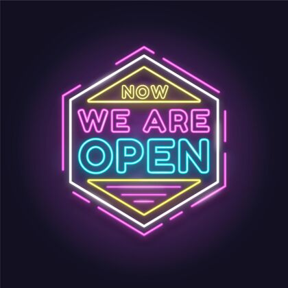 重新开业五颜六色的霓虹灯“我们开门”标志公告欢迎招牌
