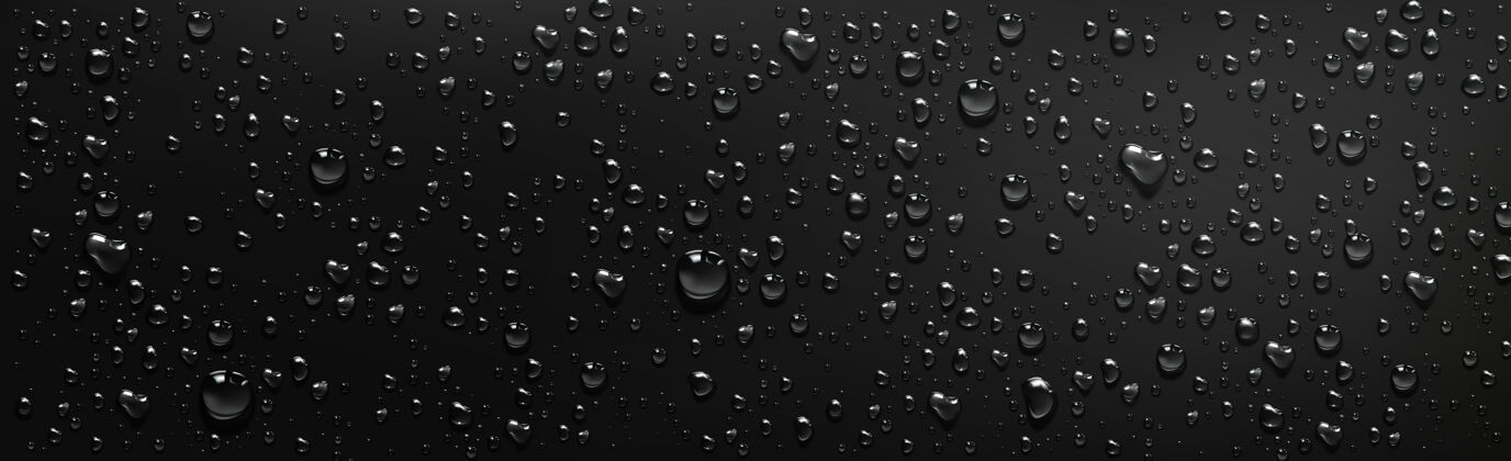 真实黑色背景上的水滴雨淋或雾中蒸汽凝结在湿黑色表面上的矢量写实插图 露水或雨水中的透明水滴露滴水窗户