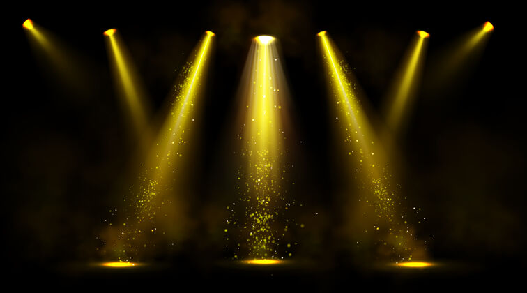 聚光灯舞台灯光 金色聚光灯 烟雾和闪光照明聚光灯闪光