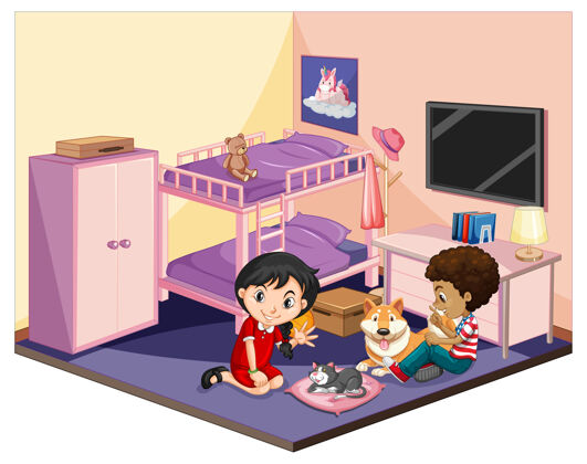 家具孩子们在卧室里的粉色主题场景童年主题等距