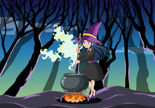 华丽年轻漂亮的巫婆与黑魔壶卡通风格的黑暗丛林咒语巫师长袍