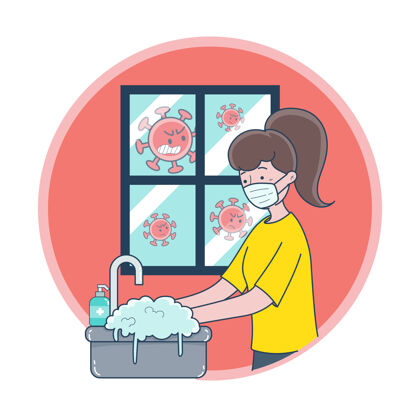 洗手一位年轻女子戴着口罩洗手以防病菌浴室护理Covid19