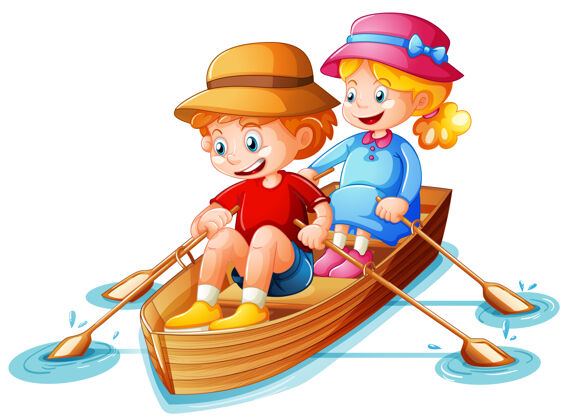 年轻男孩和女孩在白色的船上划船童年单身感觉