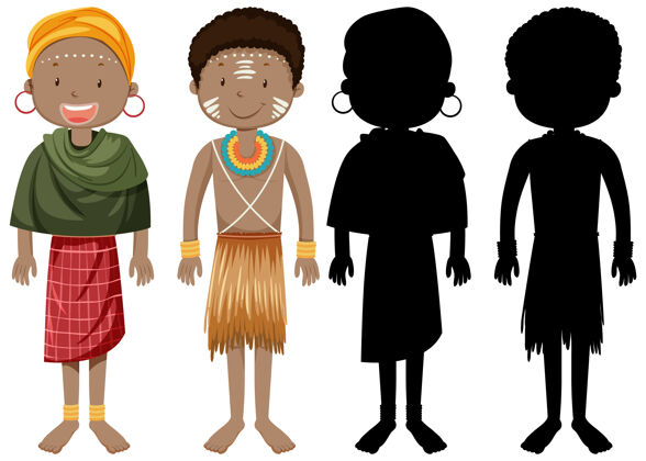 剪影一组非洲部落人物的轮廓服装男性孩子