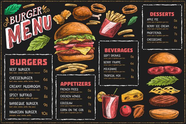 手工绘制水平菜单模板与汉堡和薯条水平绘制菜单
