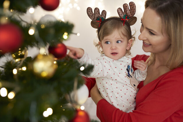 单身可爱的宝宝和妈妈在装饰圣诞树圣诞树圣诞装饰品向上