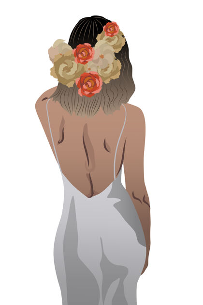 女孩一个穿着白裙子 头发上扎着花的女人的后视图婚礼穿着模特