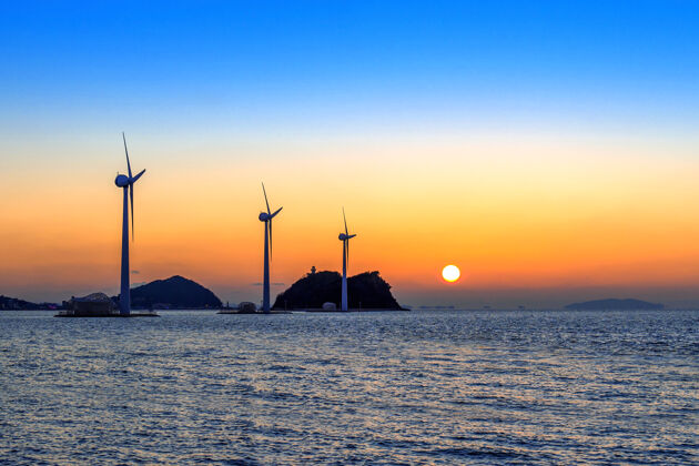 能源韩国日落时风力涡轮机发电电力发电机电力