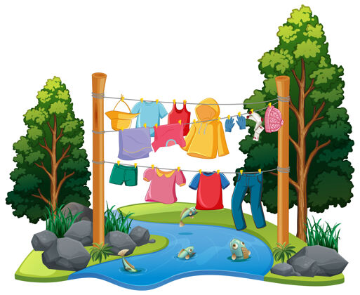 夏天许多衣服挂在一条线与自然元素卡通洗涤线热