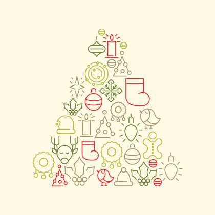 家庭圣诞树上有五颜六色的圣诞图标壁炉驯鹿装饰品