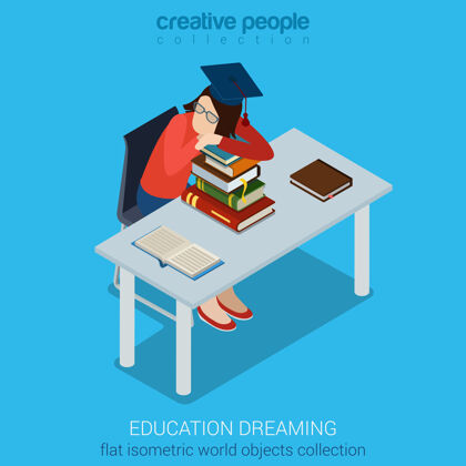 学习学生在书桌上做梦 坐在椅子上等距收集书籍教育商业理念创意人才收藏学习学生卡通