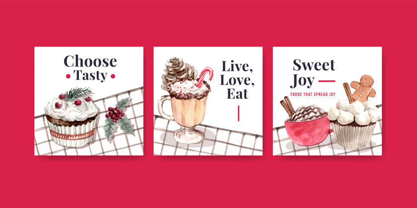 美味广告模板设置与冬季糖果在水彩画风格冬天圣诞节甜点