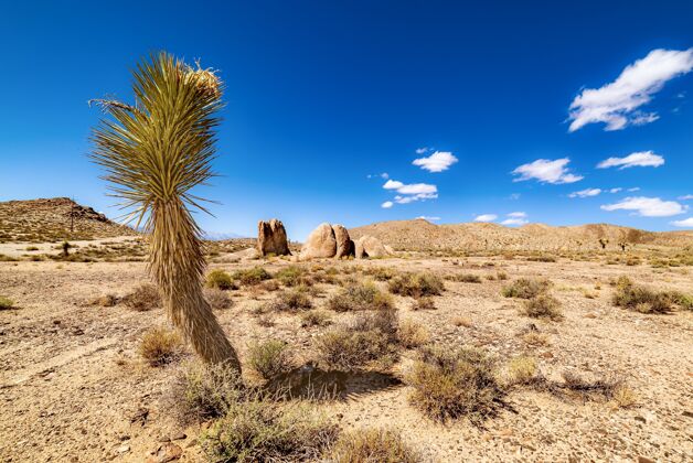 山丘开阔的沙漠地带 有沙山和多云的蓝天阳光灿烂的一天地面太阳