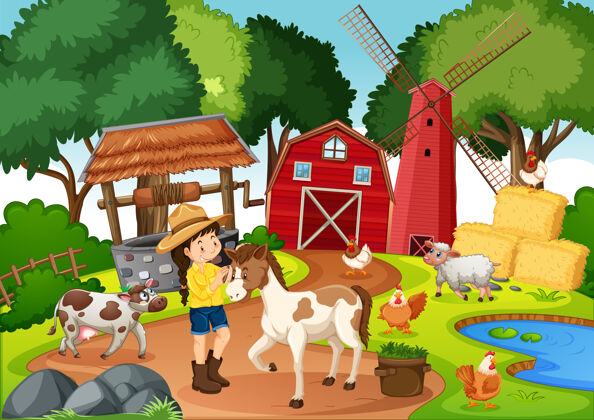 谷仓有红色谷仓和风车的农场场景彩色风景户外