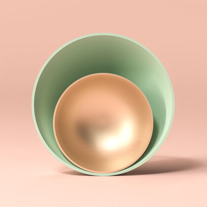 极简主义三维渲染抽象背景的黄金和绿色碗的粉红色背景形状三维碗